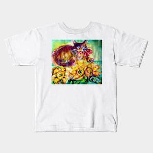 CAT WITH RED RIBBON AND SUNFLOWERS Kids T-Shirt